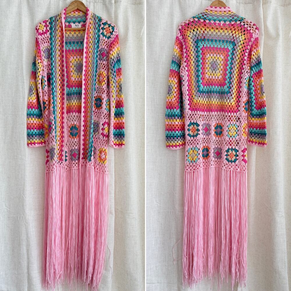 N1 California Crochet Granny Square Duster Cardigan Small Pink Boho Fringe Long